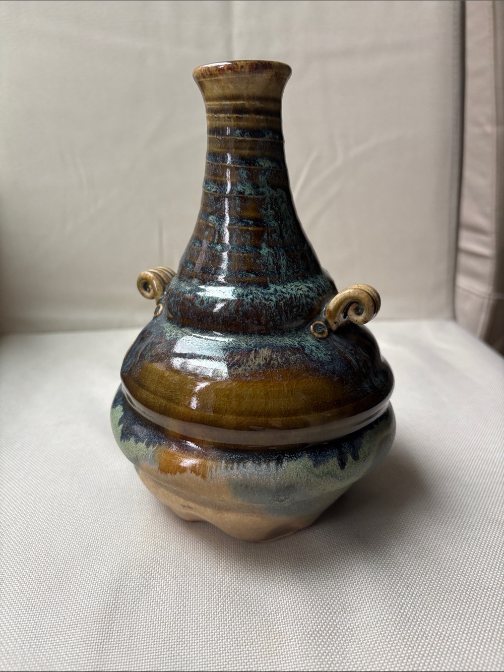 MCM Hand Thrown Studio Pottery Gourd Vase Drip Glaze Signed 7"
